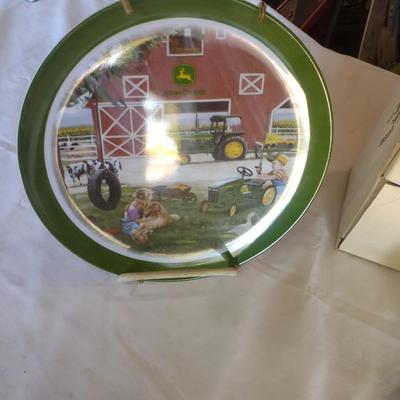 JOHN DEERE AIRPLANE BANK, TWO JOHN DEERE PLATES