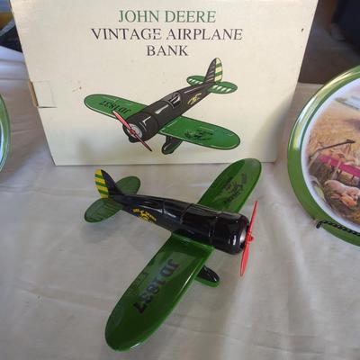 JOHN DEERE AIRPLANE BANK, TWO JOHN DEERE PLATES