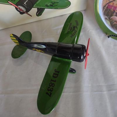 JOHN DEERE AIRPLANE BANK, TWO JOHN DEERE PLATES