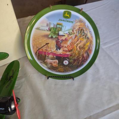 JOHN DEERE AIRPLANE BANK, TWO JOHN DEERE PLATES