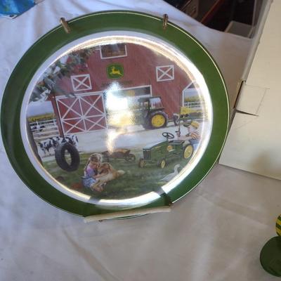 JOHN DEERE AIRPLANE BANK, TWO JOHN DEERE PLATES