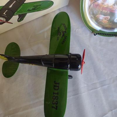 JOHN DEERE AIRPLANE BANK, TWO JOHN DEERE PLATES