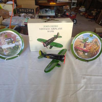 JOHN DEERE AIRPLANE BANK, TWO JOHN DEERE PLATES