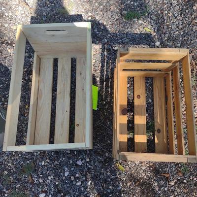 TWO WOODEN CRATES & A METAL BUCKET