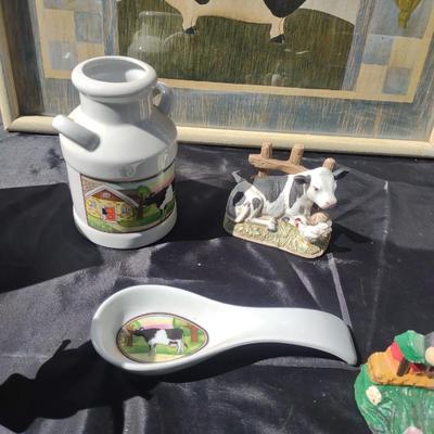 CAST IRON COW DOOR STOP, OLD STEEL MILK CRATE, REPLICA MODEL OF OLD CREAMER AND MORE