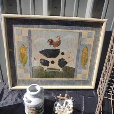 CAST IRON COW DOOR STOP, OLD STEEL MILK CRATE, REPLICA MODEL OF OLD CREAMER AND MORE