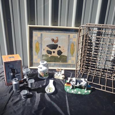 CAST IRON COW DOOR STOP, OLD STEEL MILK CRATE, REPLICA MODEL OF OLD CREAMER AND MORE