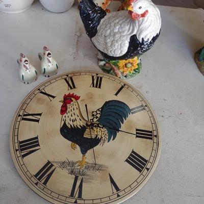 ROOSTER CERAMIC CLOCK, SALT AND PEPPER SHAKERS & ROOSTER DECOR