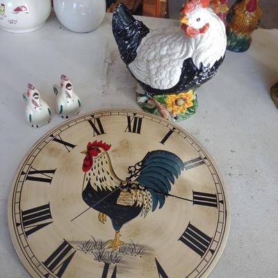 ROOSTER CERAMIC CLOCK, SALT AND PEPPER SHAKERS & ROOSTER DECOR
