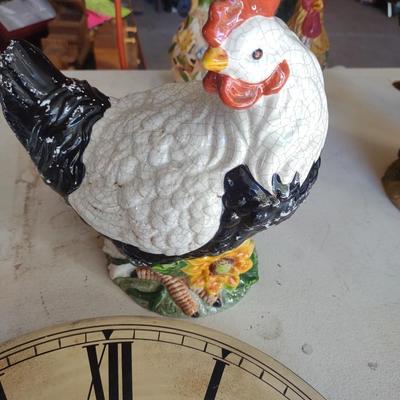 ROOSTER CERAMIC CLOCK, SALT AND PEPPER SHAKERS & ROOSTER DECOR
