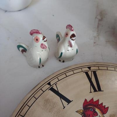 ROOSTER CERAMIC CLOCK, SALT AND PEPPER SHAKERS & ROOSTER DECOR
