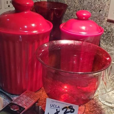 Pottery containers, glass vase etc