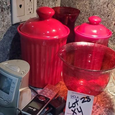 Pottery containers, glass vase etc