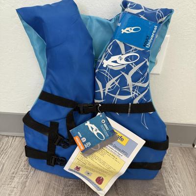 Sale Photo Thumbnail #41: Bright blue safety vest with adjustable straps, designed for boating and water activities.