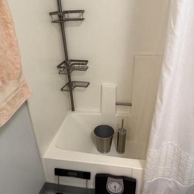 Sale Photo Thumbnail #84: Rack, shower curtain/rod, garbage can, toilet scrubber, 2 scales