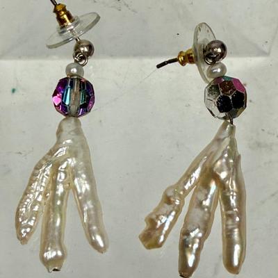 Sale Photo Thumbnail #291: In fair to good condition. One middle toe of one of the earrings is showing under the pearl like covering.