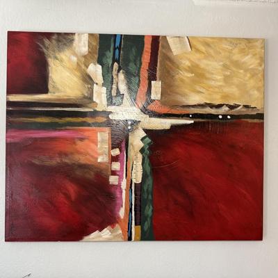 Sale Photo Thumbnail #149: Large abstract canvas with bold red, gold, and green cross-pattern design, contemporary décor.