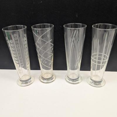 Sale Photo Thumbnail #1050: Vintage Set Of 4 Pilsner Footed Etched Glasses