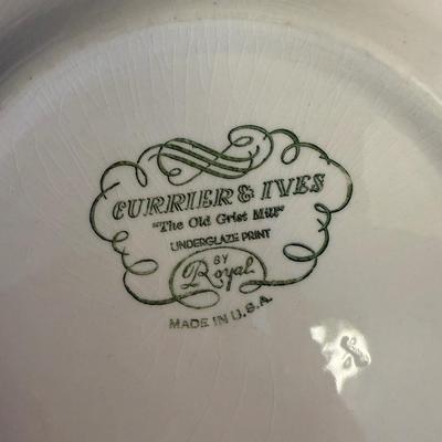 Sale Photo Thumbnail #184: Classic vintage Royal China Currier & Ives dinnerware set in the “The Old Grist Mill” pattern. Features detailed blue transferware scenes on white with beaded rims. This collectible set includes dinner plates, bowls, and side plates, offering both cha