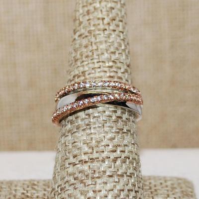 Size7½ Marked .925 Double Rows ROSE GOLD Ring & Stone Accents with Criss-Cross Silver Tone Band (4.2g)