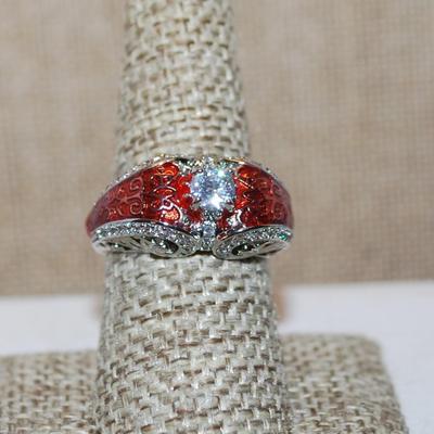 Size 8 Marked .925 "Puffy" ORANGE RED Party Ring with a Single Main Clear Round Stone on a Silver Band (5.9g)