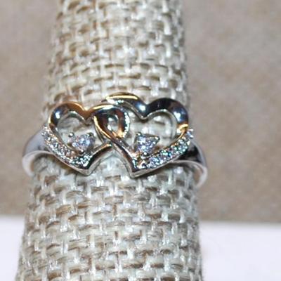 Size 6¼ Marked .925 Connected HEARTS Ring with Clear Stone Accents on a Silver Band (2.0g)