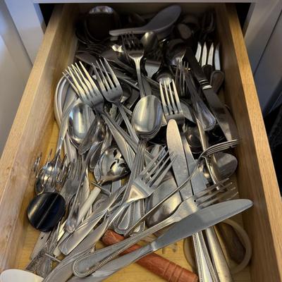Sale Photo Thumbnail #201: Little bit of everything, cups, dishes utensils, cutting boards, cooking sheets
