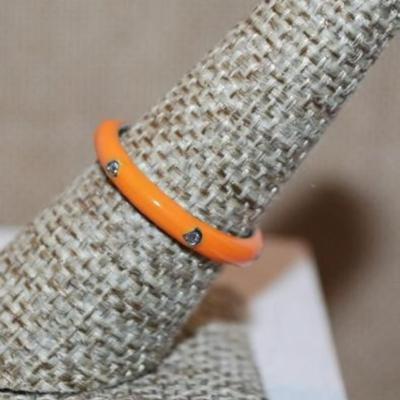 Size 9 Marked .925 Delicate ORANGE Enamel Ring with 6 Rhinestones Around the Band (2.5)