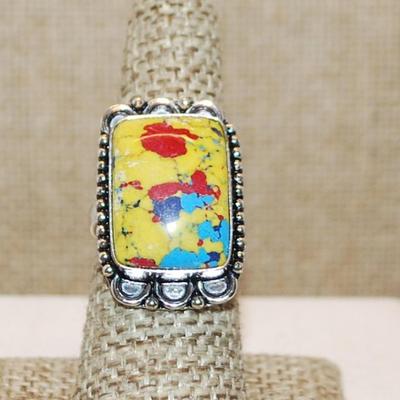 Size 7½ Large Rectangle Shaped Yellows, Reds & Blues YELLOW JASPER Gemstone Ring with 6 Loops on a Silver Tone Band (6.8g)