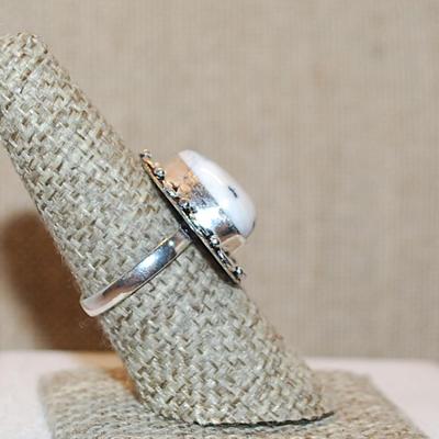 Size 8 Irregular Shaped TRIANGLE DENDRITE OPAL Gemstone Ring with a Full Surround on a Silver Tone Band (5.6g)