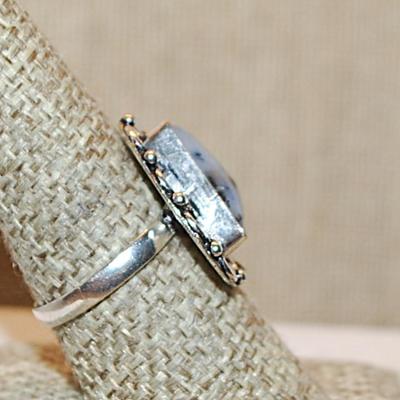 Size 9 TRIANGLE Shaped DENDRITE OPAL Gemstone Ring with a Full Loop Surround on a Silver Tone Band (4.6g)