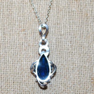 Large Dark Blue Teardrop PENDANT (1½" x ¾") on a Silver Tone Necklace Chain 16" L