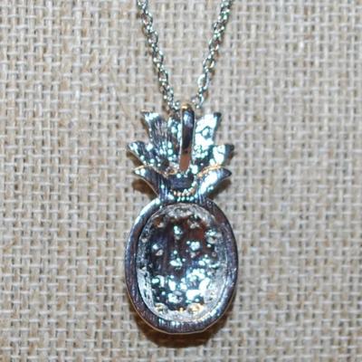 Green Stem Pineapple PENDANT (1⅛" x ¾") with 19 Yellow Stones on a Silvery Setting & Silver Tone Necklace Chain 20" L