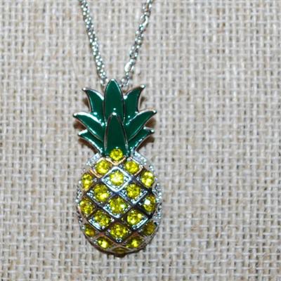 Green Stem Pineapple PENDANT (1⅛" x ¾") with 19 Yellow Stones on a Silvery Setting & Silver Tone Necklace Chain 20" L