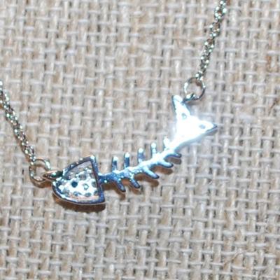Very Small Boned Fish PENDANT (¾" x ¼") on a Silver Marked .925 Necklace Chain 15" L
