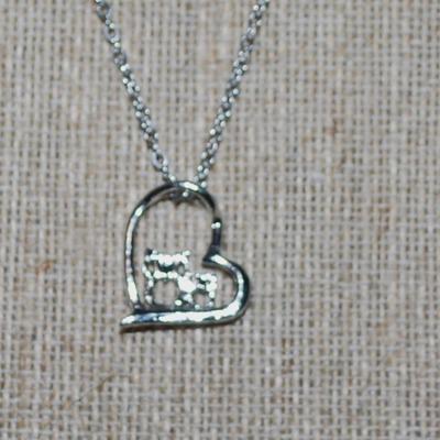 Two Tone Mother & Baby Owl HEART PENDANT (¾" x ¾") on a Silver Tone Necklace Chain 16" L