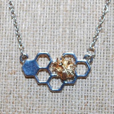 Two Tone Golden Bumblebee on a Silvery Honeycomb PENDANT (1¼" x ¾") on a Silver Tone Necklace Chain 16" L