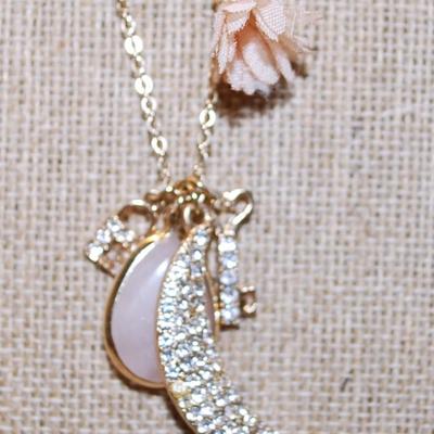 Long Chain (30") Charm Style Necklace with Glittery Quarter Moon, Lock & Key, Pink Cloth Flower and Oval Stone