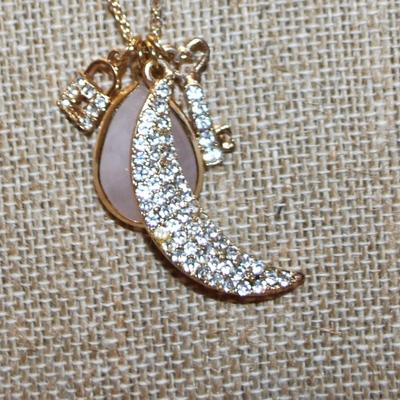 Long Chain (30") Charm Style Necklace with Glittery Quarter Moon, Lock & Key, Pink Cloth Flower and Oval Stone