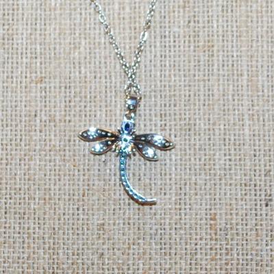 Blue Headed, Green Tailed & Silvery Wings Dragonfly PENDANT (1" x 1") on a Silver Tone Necklace Chain 18" L