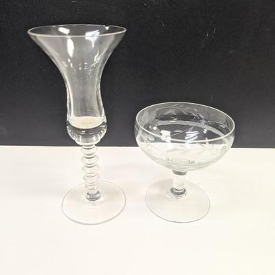 Sale Photo Thumbnail #1066: Clear Glass Braided Stem Glass & Etched Floral Champagne Glasses