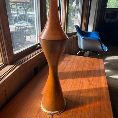 Sale Photo Thumbnail #109: Wood, Brass Accents 45” tall, Shade 16” diam.