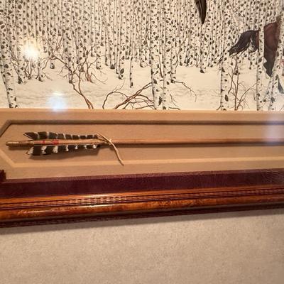 Sale Photo Thumbnail #681: Feather Has Come loose on top of display. 53” long x 29” tall. Feathers, arrowheads