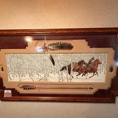 Sale Photo Thumbnail #678: Feather Has Come loose on top of display. 53” long x 29” tall. Feathers, arrowheads