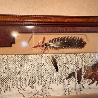 Sale Photo Thumbnail #679: Feather Has Come loose on top of display. 53” long x 29” tall. Feathers, arrowheads