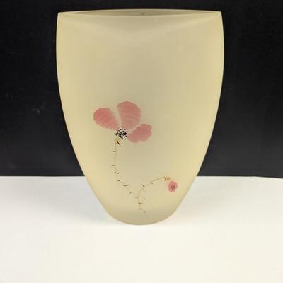 Sale Photo Thumbnail #1198: Large Vintage Krosno Poland Frosted Art Glass Vase Hand Painted Floral Design