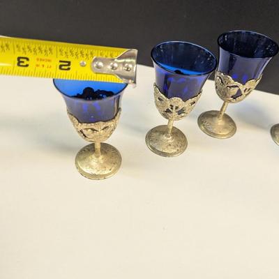 Sale Photo Thumbnail #1218: 6 Vintage American Cut Crystal Cobalt Blue Cordial Glasses Filligree Silverplate