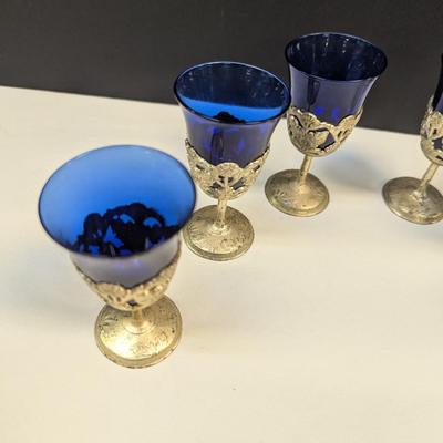 Sale Photo Thumbnail #1213: 6 Vintage American Cut Crystal Cobalt Blue Cordial Glasses Filligree Silverplate
