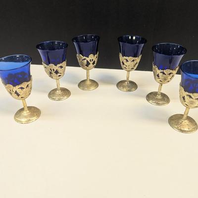 Sale Photo Thumbnail #1212: 6 Vintage American Cut Crystal Cobalt Blue Cordial Glasses Filligree Silverplate
