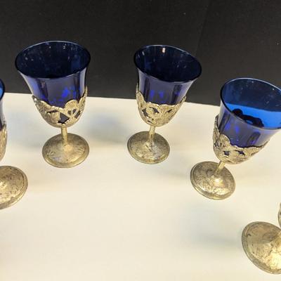 Sale Photo Thumbnail #1214: 6 Vintage American Cut Crystal Cobalt Blue Cordial Glasses Filligree Silverplate
